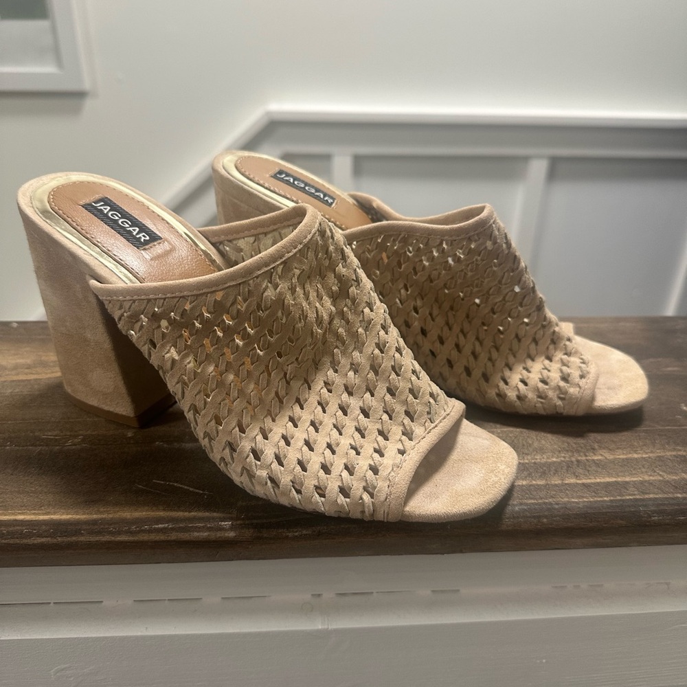 Jaggar Neutral Woven Suede Block Heel Mules